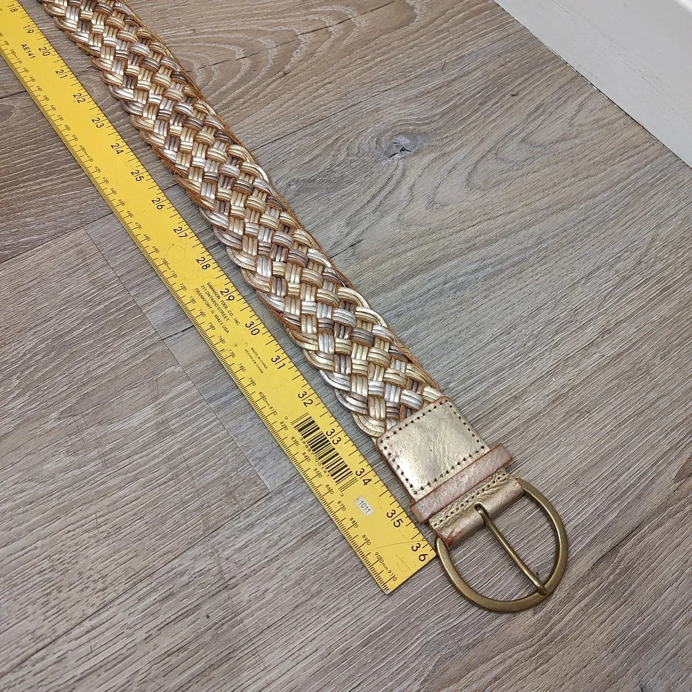 Preston & York Belt Sz Small Leather Tan Gold Braided Brass Ring Buckle Boho